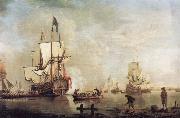 Thomas Mellish The Royal Caroline in a calm estuary flying a Royal standard and surrounded by an attendant barge and other small boats oil painting picture wholesale